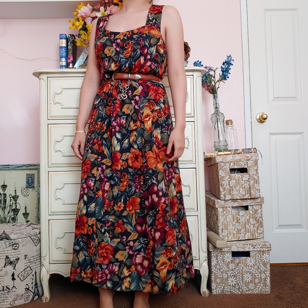 Vintage 90s Floral Midi Dress w/ Criss Cross Back